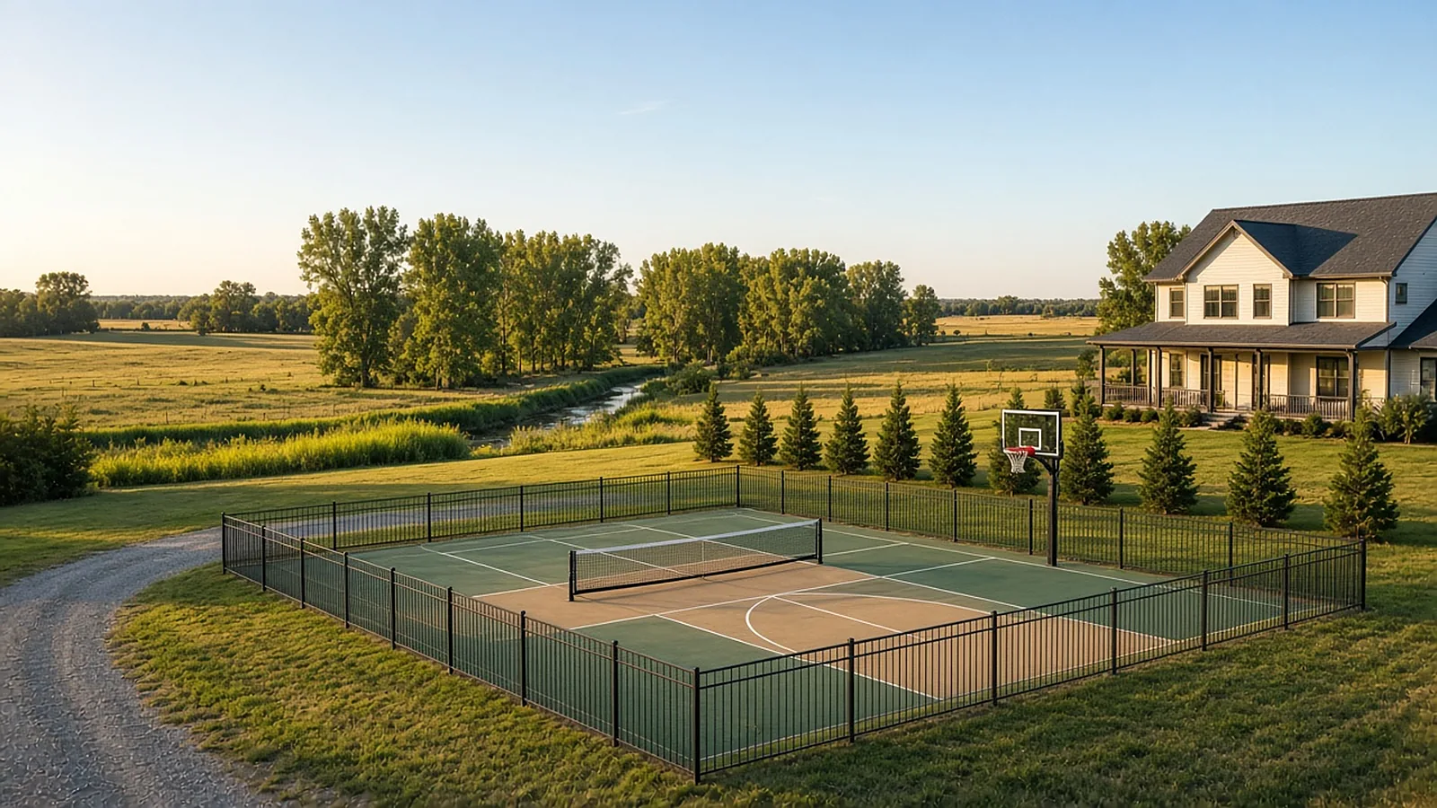 Multi-use sport court with pickleball net and basketball hoop on rural acreage in Middleton, Idaho
