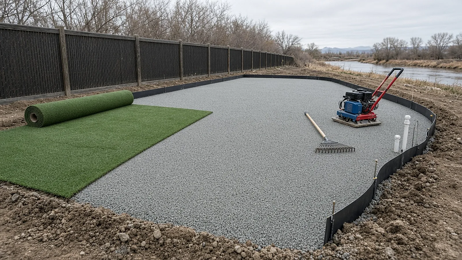 Compacted aggregate base and perimeter edging prepared for artificial turf installation in Middleton, Idaho