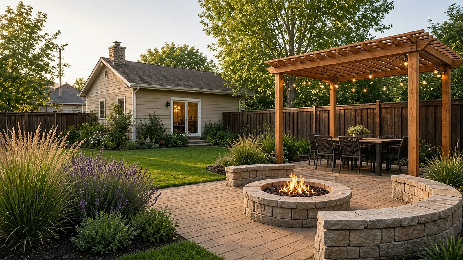Renovated small backyard with paver patio, pergola, and fire pit at a cottage home in Garden City, Idaho