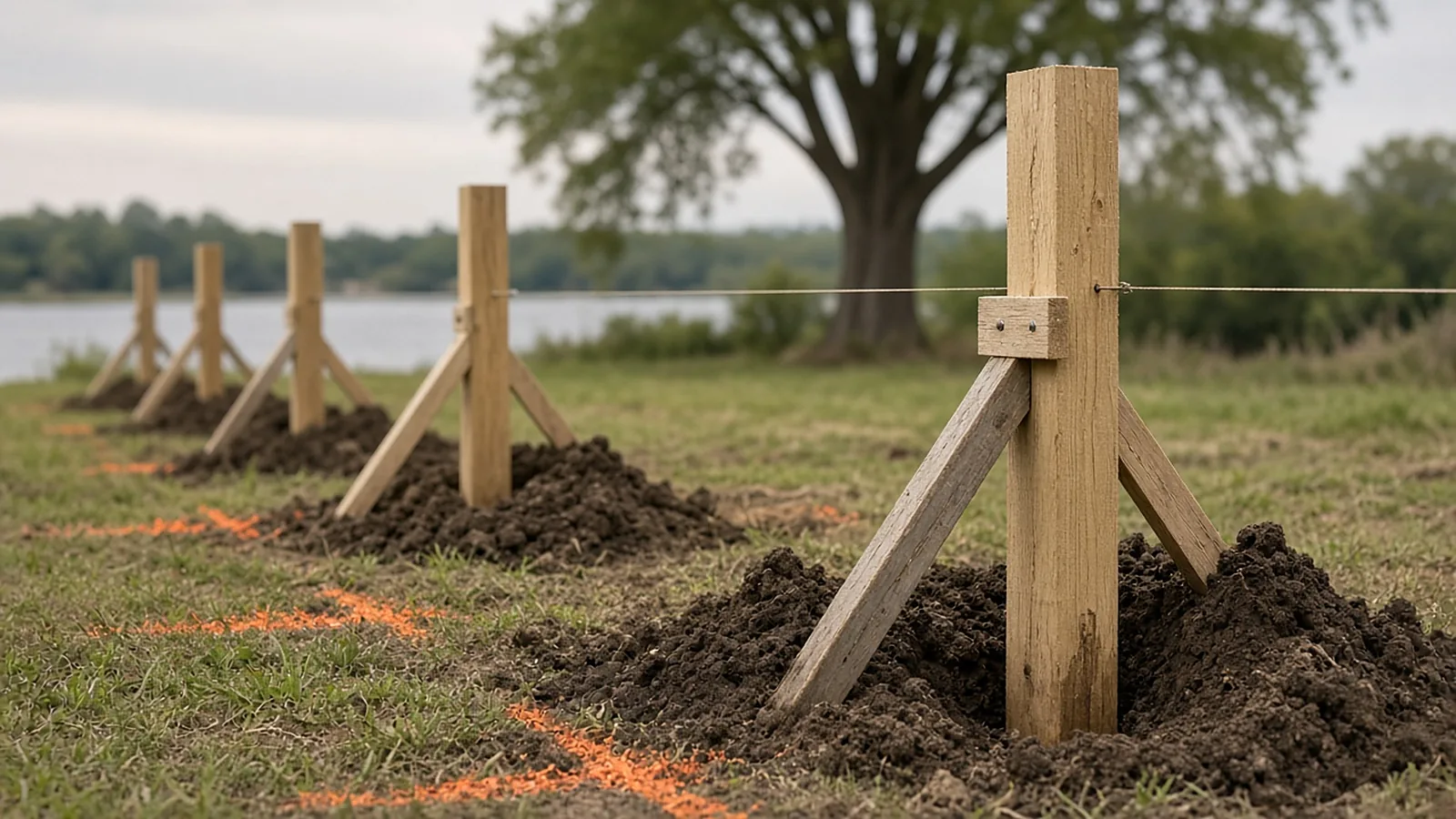 Fence posts being set in fresh post holes with string line layout during fence installation in Garden City, Idaho
