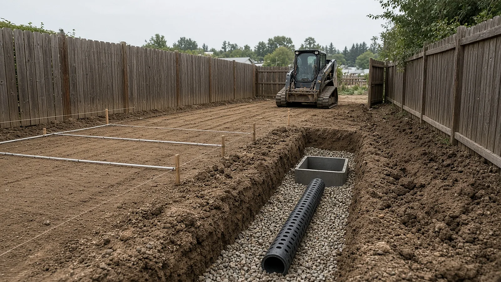 Drainage trench and irrigation sleeves during a backyard renovation on a narrow lot in Garden City, Idaho