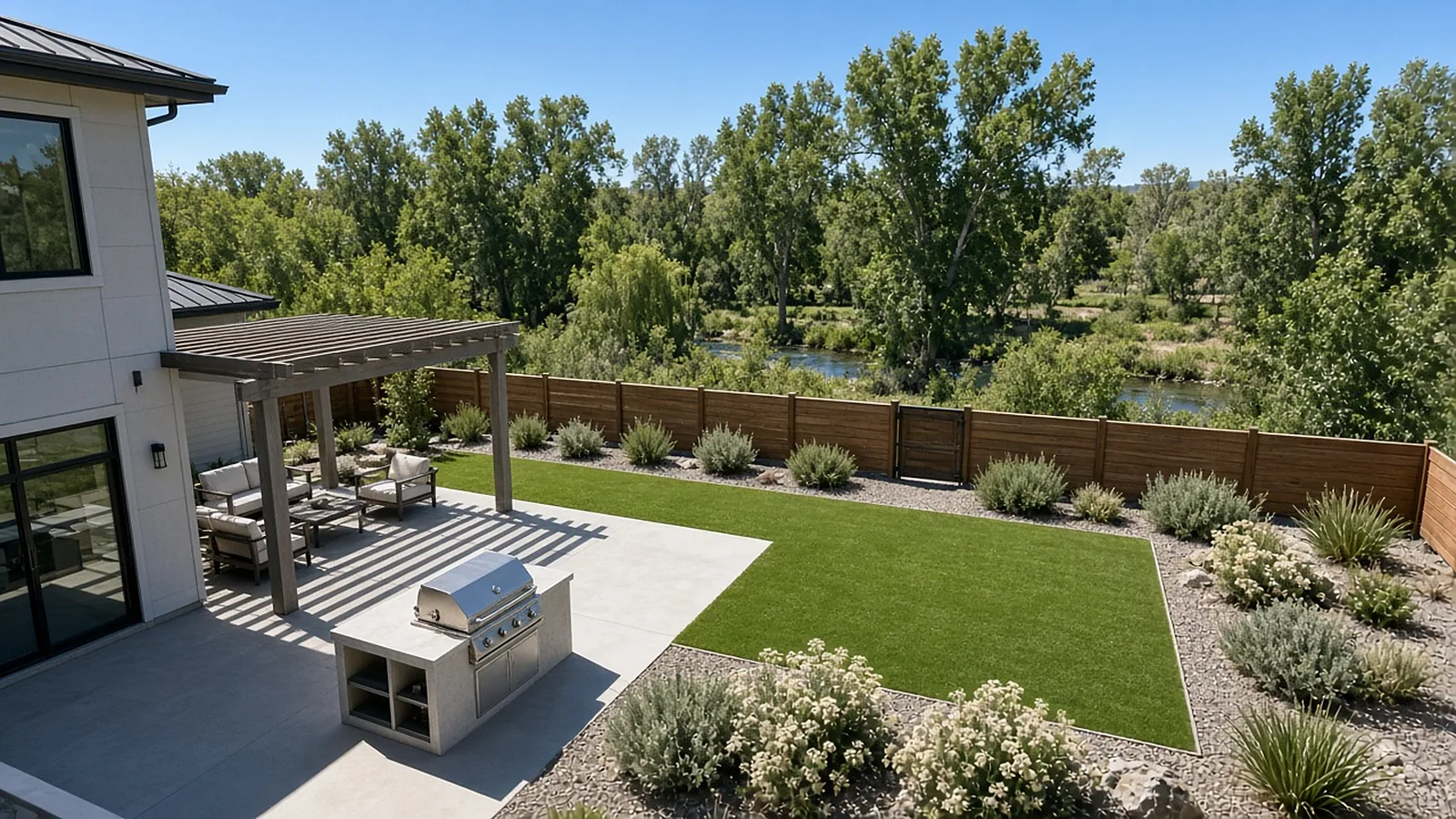 Finished backyard renovation with turf, patio, and planting beds at a riverfront townhome in Garden City, Idaho