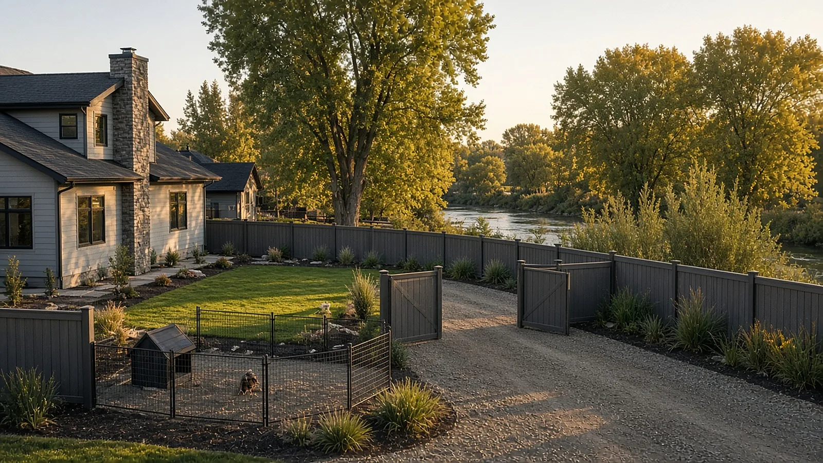 Wide view of a fenced backyard with pet enclosure and RV gate near the Boise River after fence installation in Garden City, Idaho