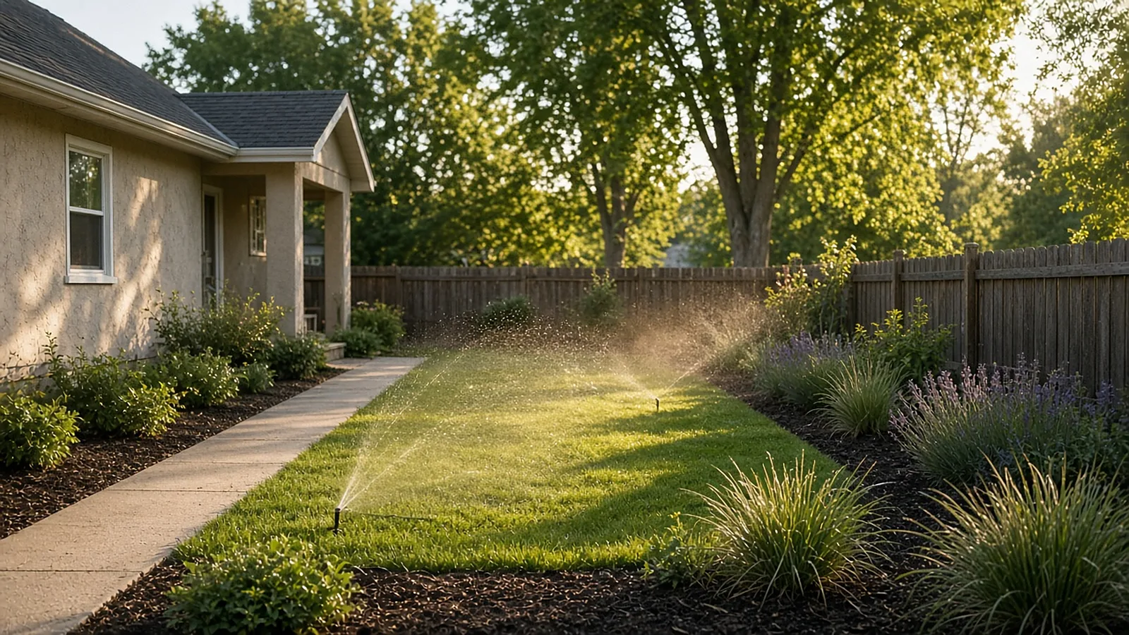 Drip and spray irrigation watering a compact cottage backyard lawn and planting beds in Garden City, Idaho