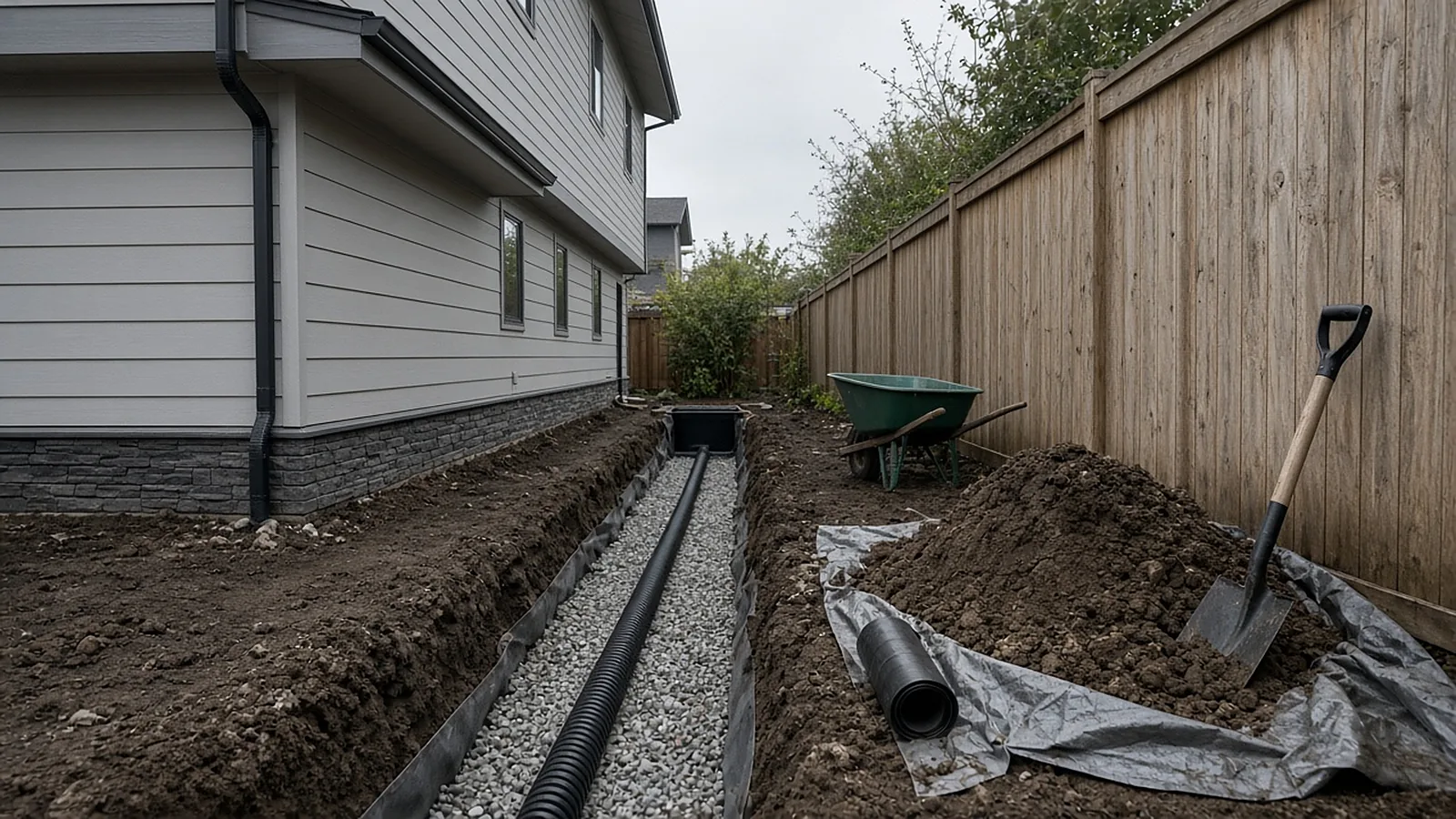 French drain trench with perforated pipe and drain rock in a narrow townhome side yard in Garden City, Idaho