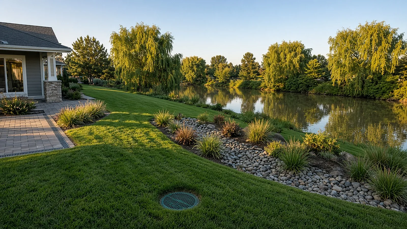 Wide view of a graded backyard with swale, catch basin, and rotor irrigation near a pond in Garden City, Idaho