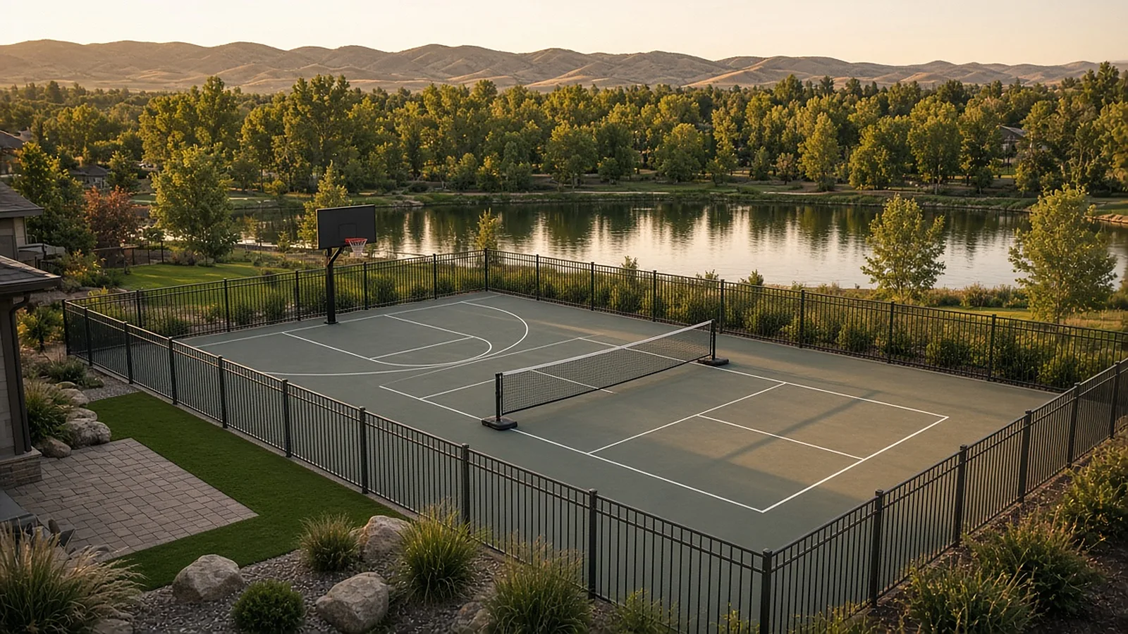 Wide view of a fenced multi-use sport court with pickleball lines and a basketball half court in a Garden City, Idaho backyard