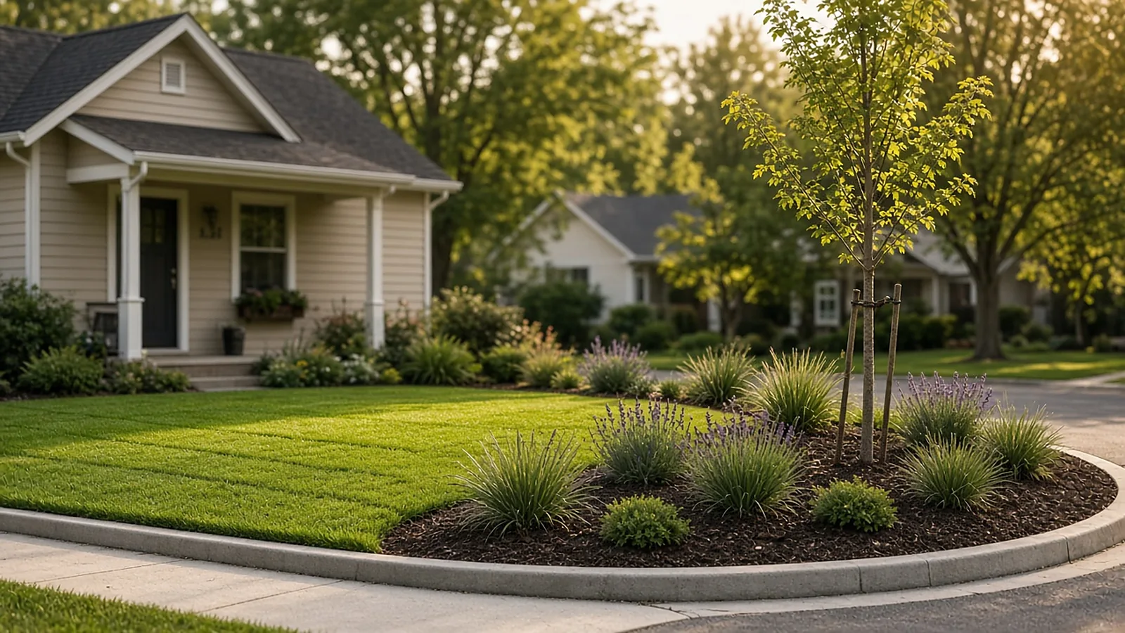 New sod lawn with concrete curbing and planting beds at a small cottage in Garden City, Idaho
