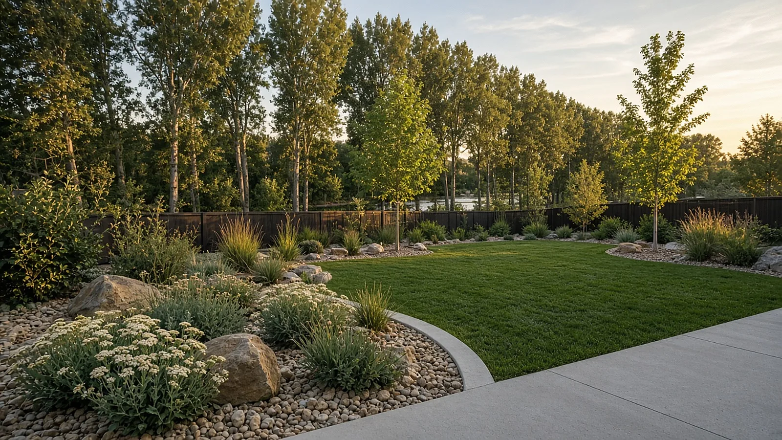 Backyard with sod lawn and low-water xeriscape beds near the Boise River in Garden City, Idaho