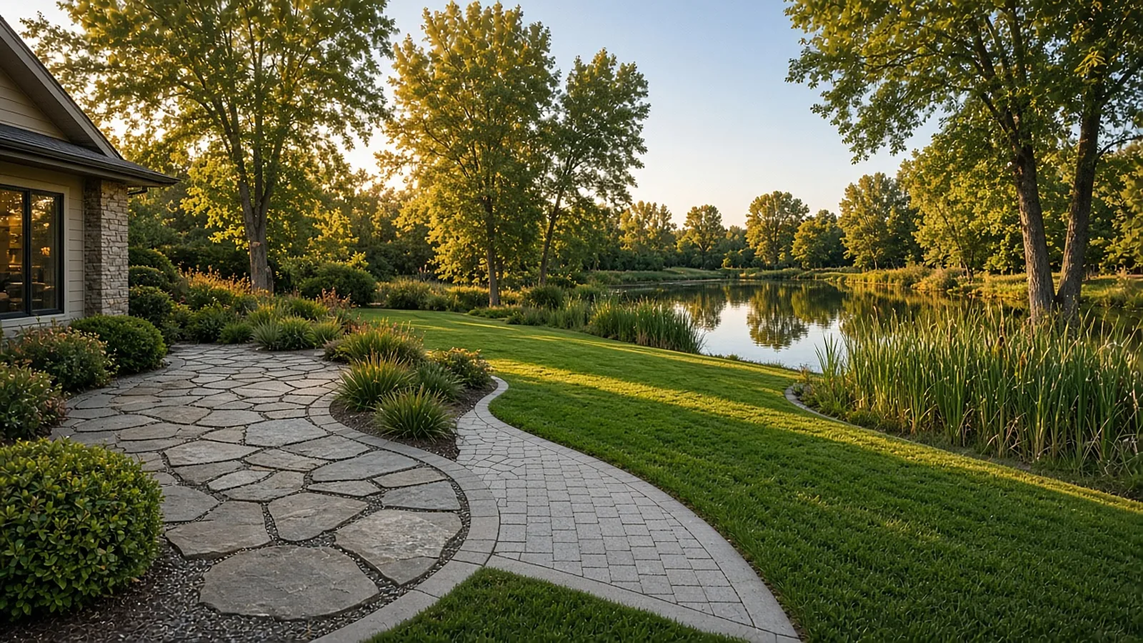 Wide view of a natural stone patio and paver walkway beside a pond in a Garden City, Idaho backyard