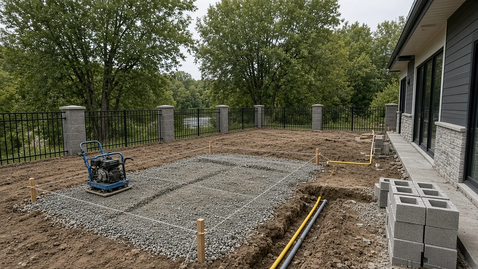 Outdoor kitchen base prep with compacted gravel and utility conduit trench in a Garden City, Idaho townhome backyard