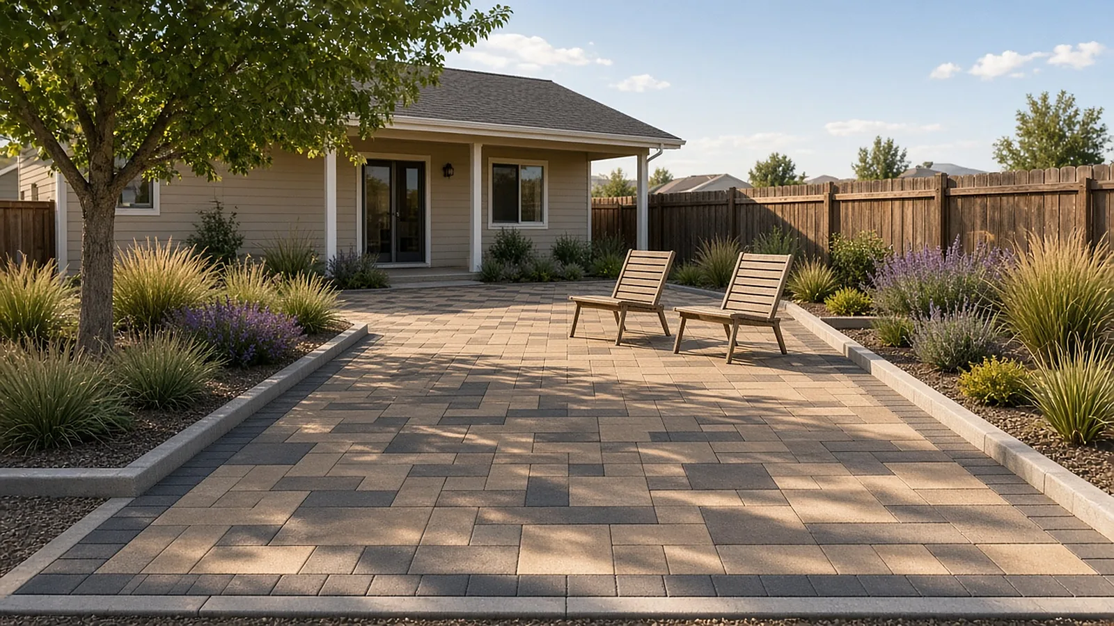 Finished concrete paver patio in a compact cottage backyard in Garden City, Idaho, with curbing and planting beds