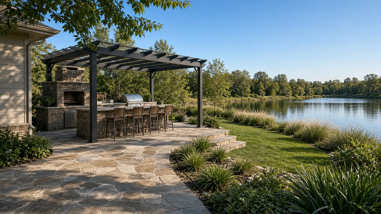 Pond-side backyard in Garden City, Idaho with stone outdoor kitchen, steel pergola, and outdoor fireplace on a stone patio