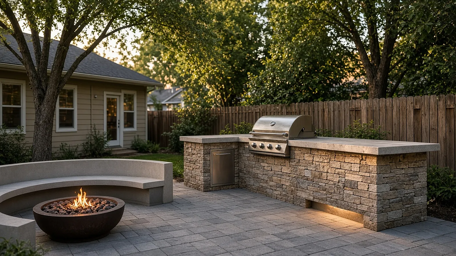 Compact L-shaped outdoor kitchen with built-in grill and gas fire pit on a paver patio in a small Garden City, Idaho backyard