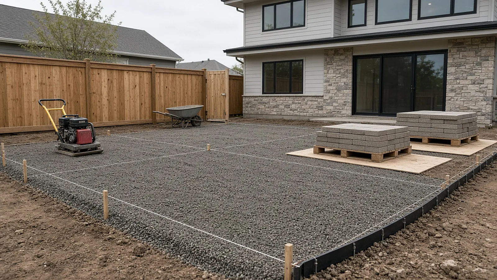 Compacted gravel base and edge restraint for a paver patio in a narrow side yard in Garden City, Idaho