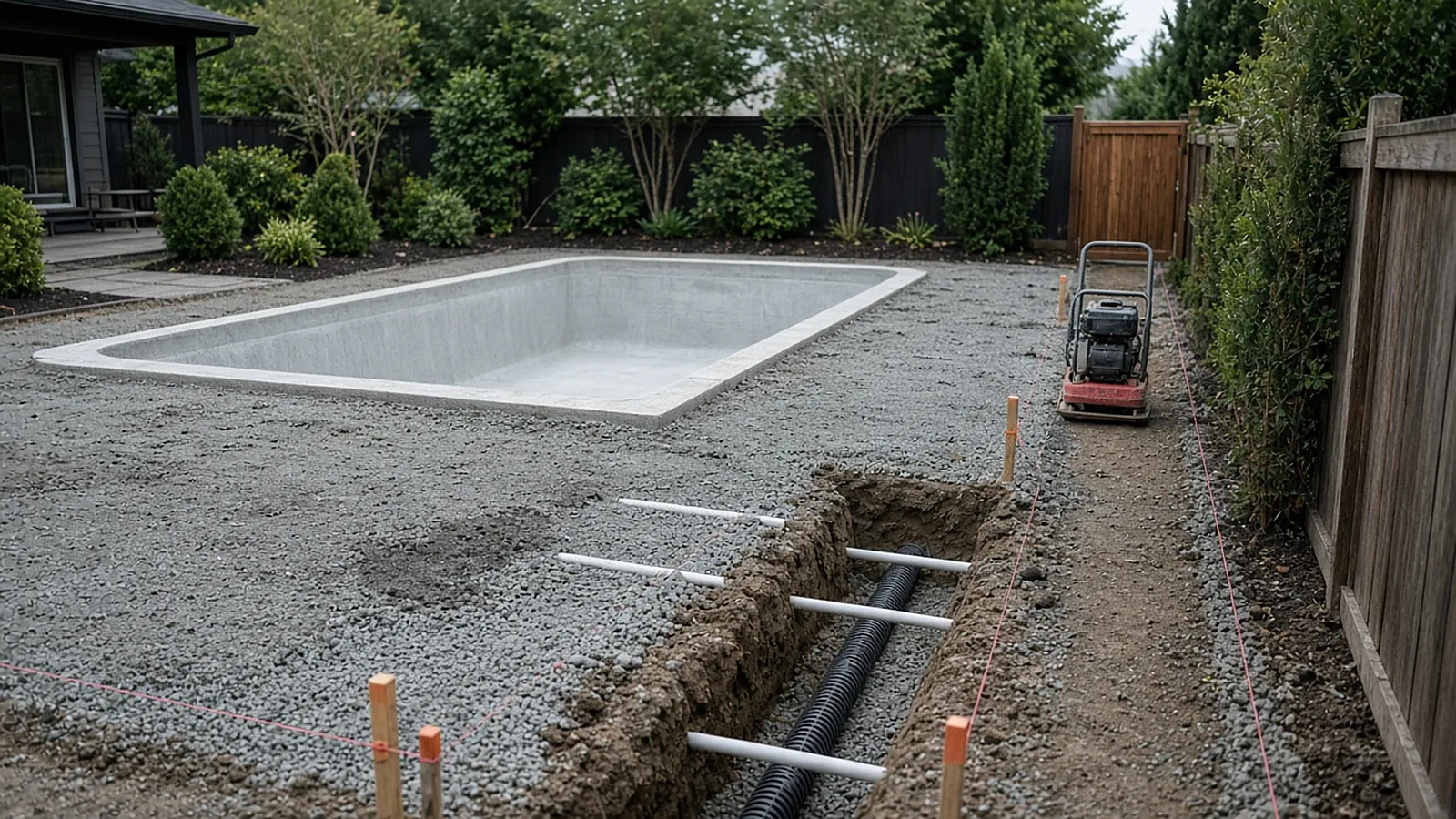 Pool site prep with compacted base, drain trench, and utility sleeves beside a pool in Garden City, Idaho
