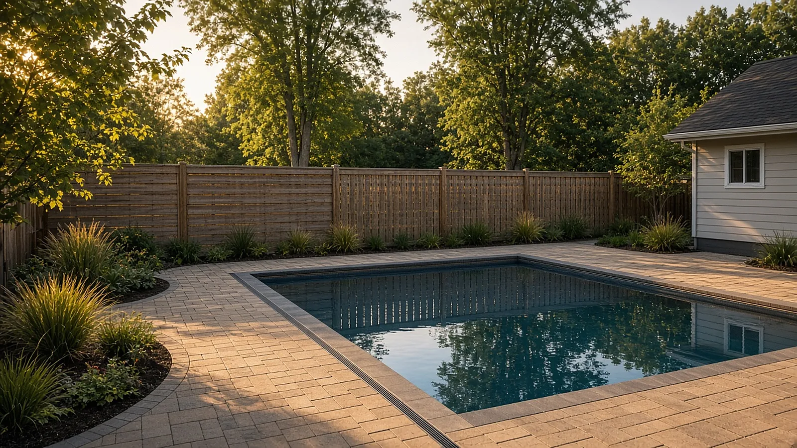 Finished paver pool deck with drainage and privacy fence in a compact Garden City, Idaho backyard