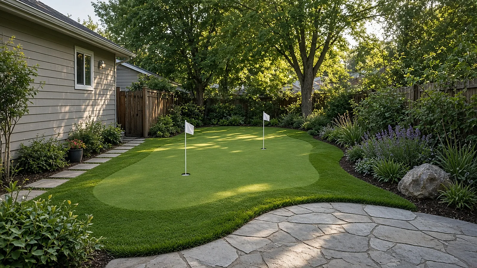 Backyard putting green installation in Garden City, Idaho, with shaped contours, cups, plain flags, and fringe