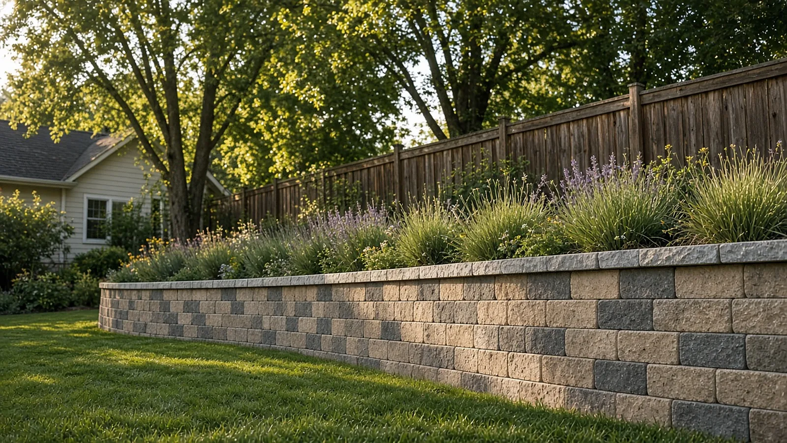Curved block retaining wall with planted terrace in a small backyard, retaining wall contractor in Garden City, Idaho