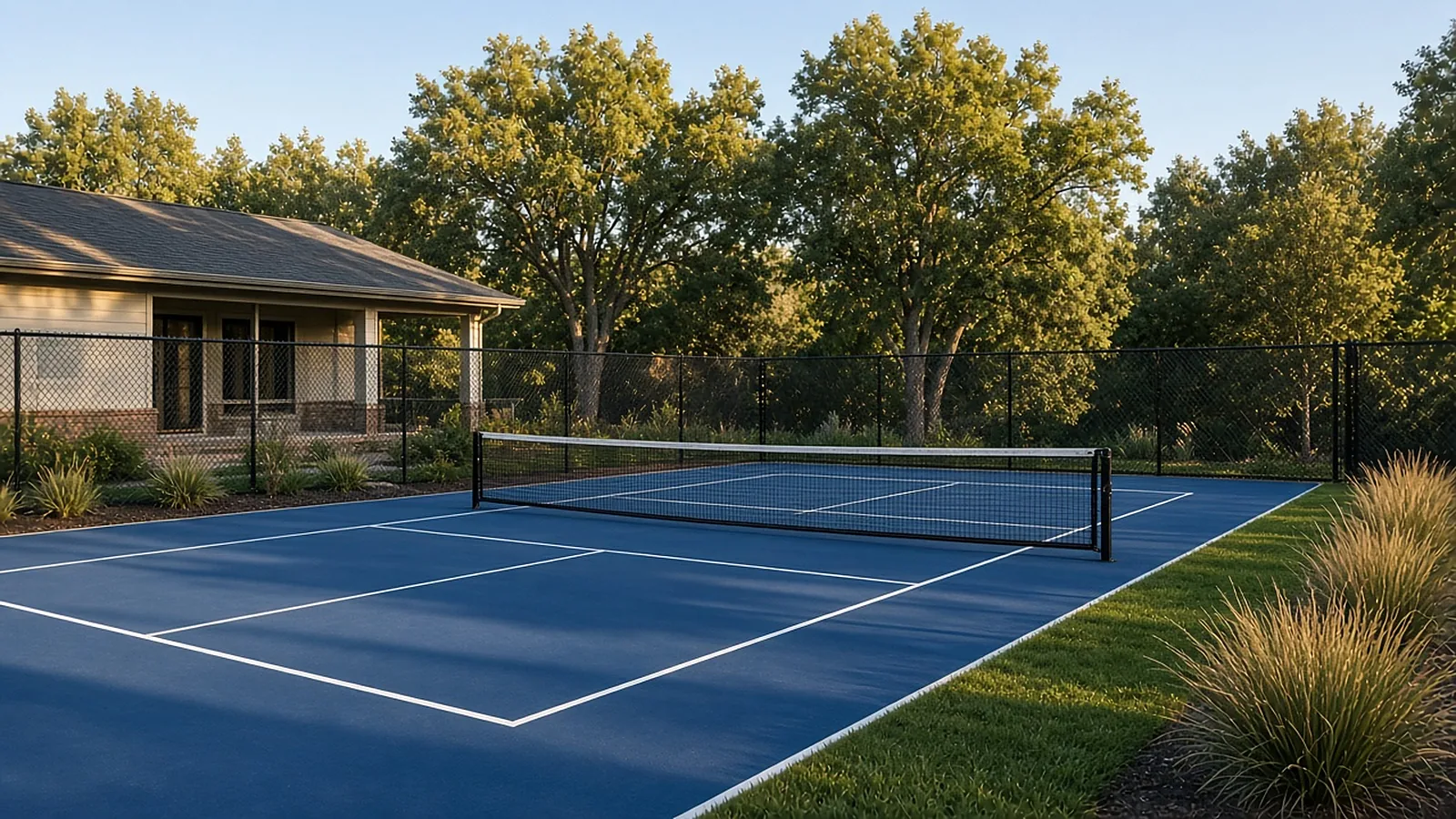 Finished backyard pickleball court with net and black chain link fencing in Garden City, Idaho