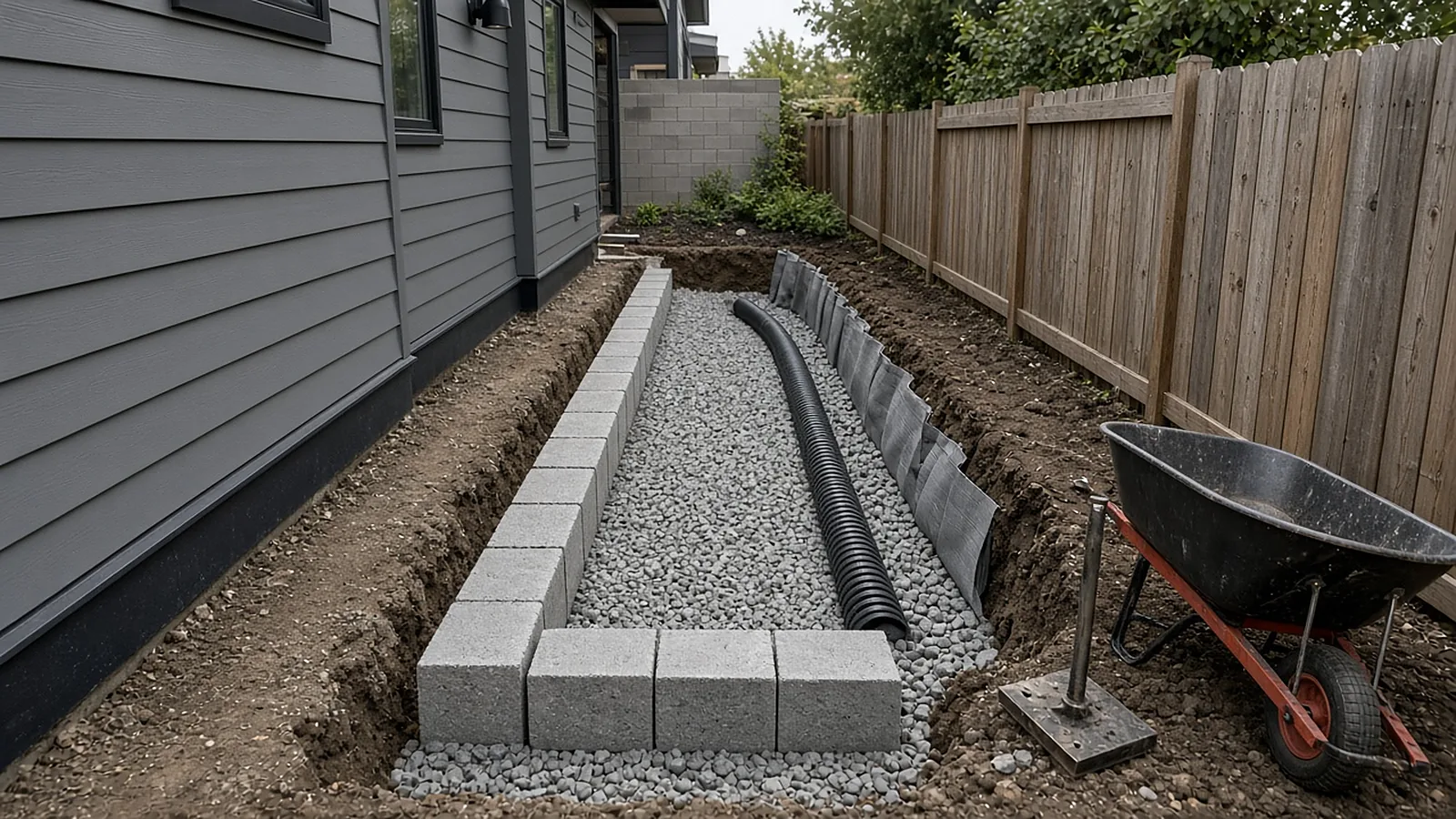 Retaining wall base with drain pipe and drain rock during construction in a narrow side yard, Garden City, Idaho