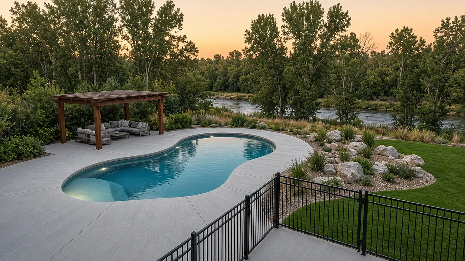 Wide view of a Garden City, Idaho backyard with concrete pool deck, pergola, lawn, and river-area trees