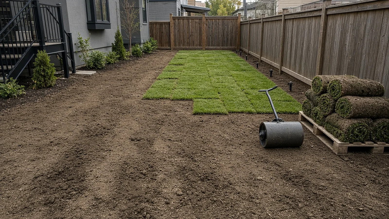 Sod installation in progress over fine-graded soil in a narrow townhome backyard in Garden City, Idaho