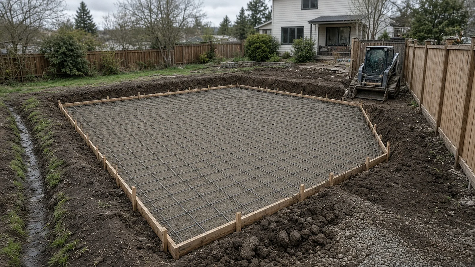 Compacted gravel base, slab forms, and rebar for a backyard sport court under construction in Garden City, Idaho