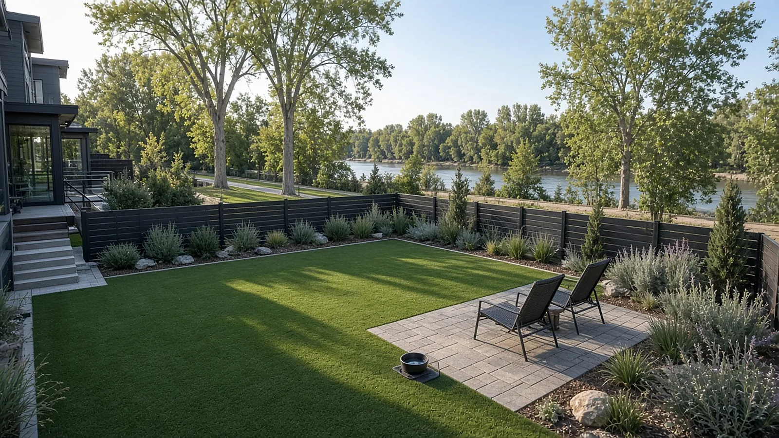 Pet-friendly artificial turf in a riverfront townhome backyard in Garden City, Idaho, near the Boise River Greenbelt