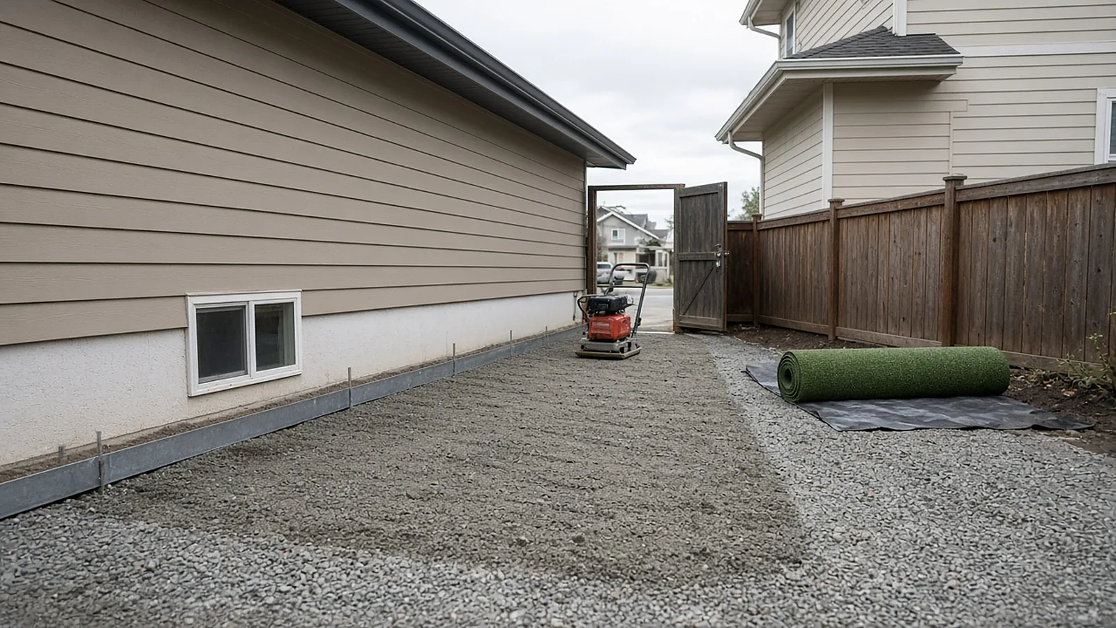 Compacted drainable base and edging prepared for artificial turf in a narrow side yard in Garden City, Idaho