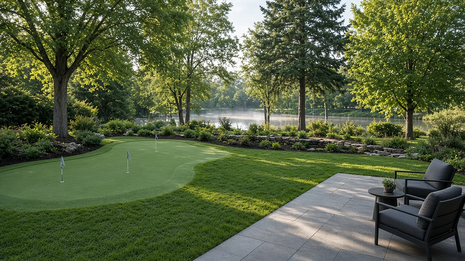 Wide Garden City, Idaho, backyard putting green with cups, flags, fringe, lawn, and patio near Lake Harbor
