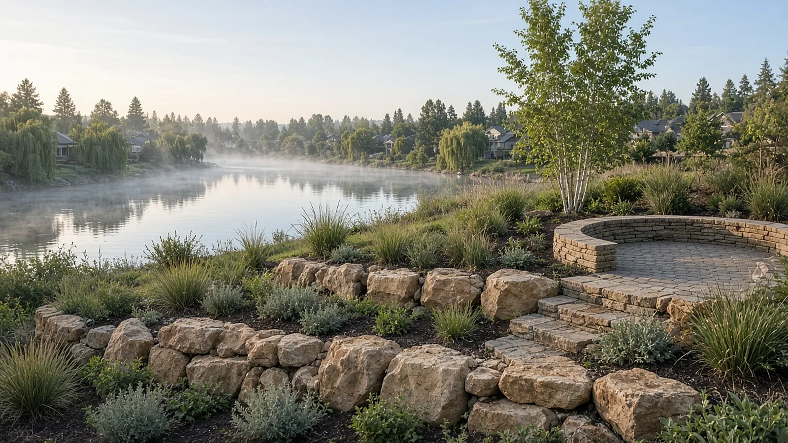 Terraced boulder retaining walls and stone seat wall beside a neighborhood pond, retaining walls in Garden City, Idaho