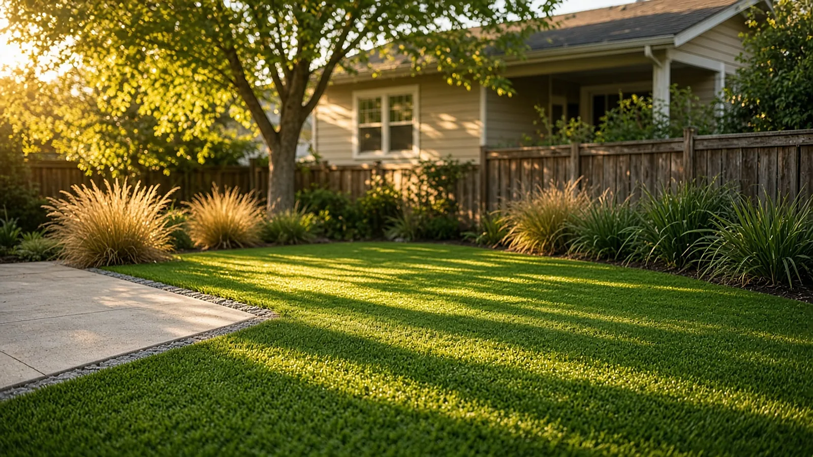 Artificial turf installation in a small cottage backyard in Garden City, Idaho, edged against a concrete patio