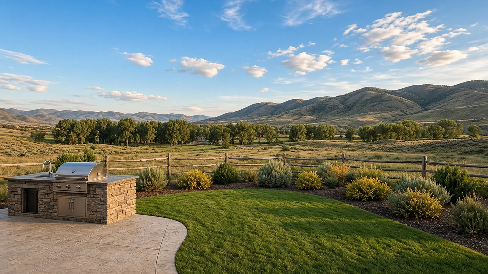 Wide view of a completed backyard renovation in Emmett, Idaho with outdoor kitchen, lawn, fencing, and valley acreage
