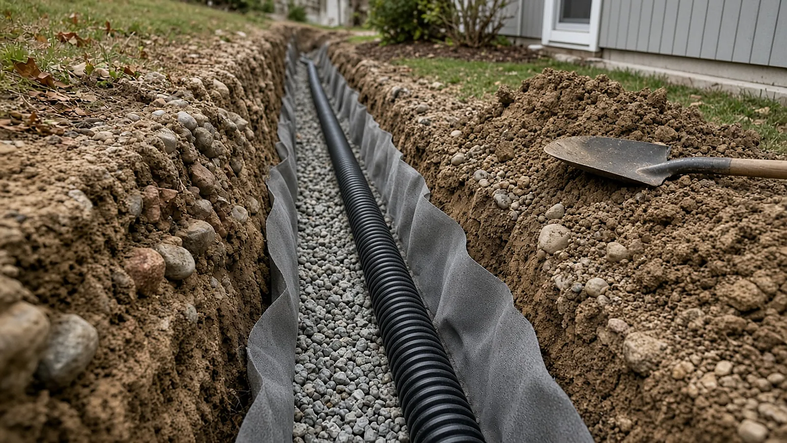 Open French drain trench with perforated pipe and drain rock in gravelly soil, yard drainage in Emmett, Idaho