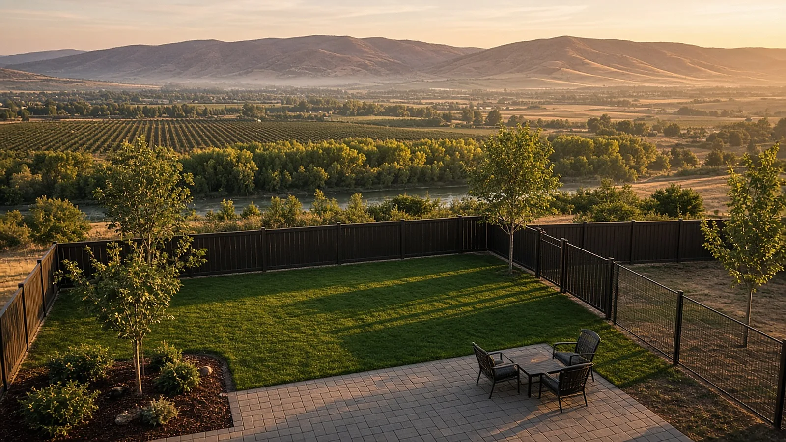 Wide view of a fenced backyard with dog run and side gate on a bench lot above the valley, fence installation Emmett, Idaho