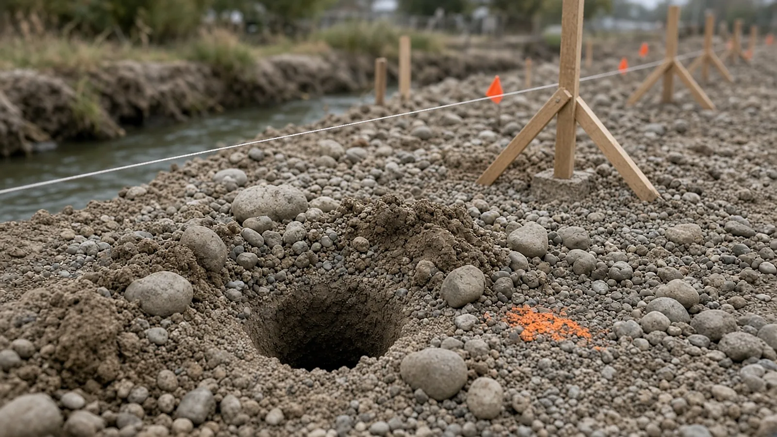 Fence post holes and string line layout in gravelly river-bottom soil during fence installation in Emmett, Idaho
