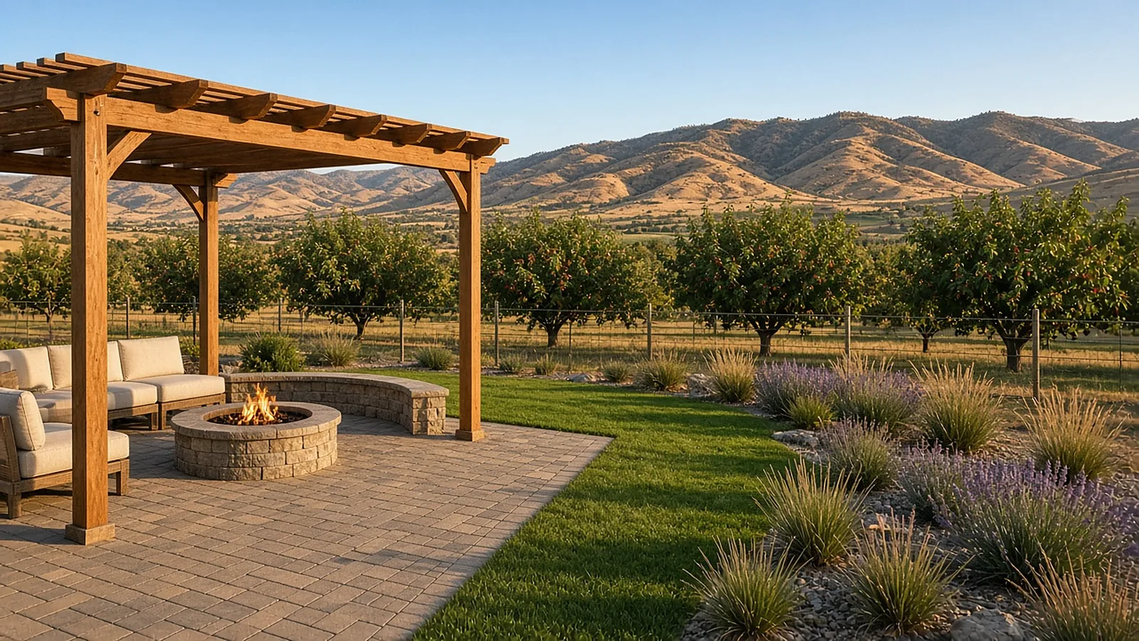 Finished backyard renovation in Emmett, Idaho with paver patio, pergola, fire pit, and green lawn facing the foothills