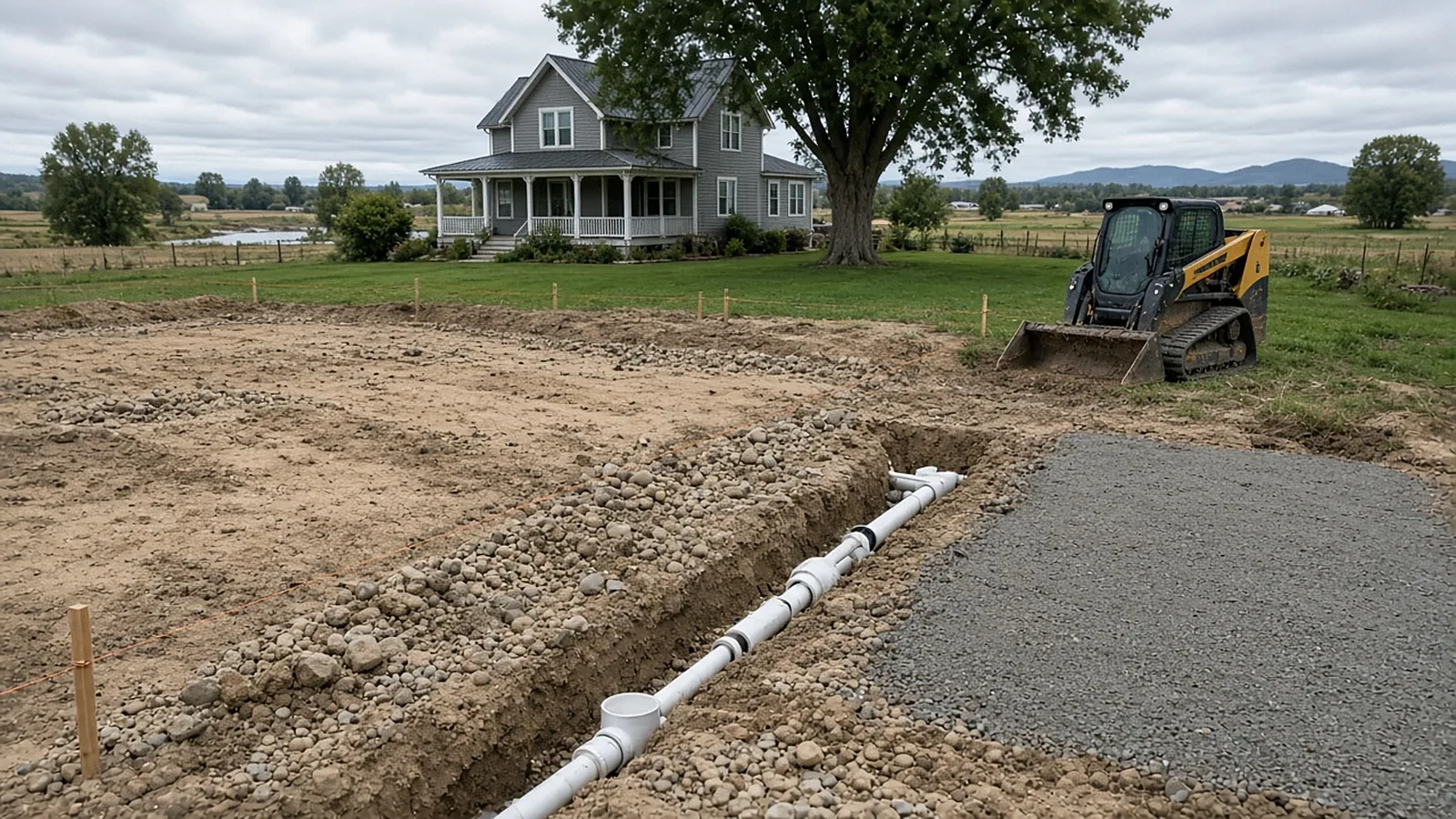 Backyard renovation in progress in Emmett, Idaho showing graded soil, irrigation trench, and compacted gravel patio base