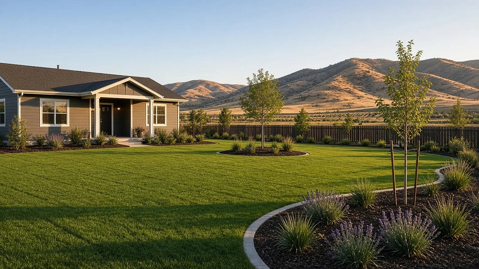 New sod lawn with planting beds and young shade trees at a home in Emmett, Idaho, with foothills in the background