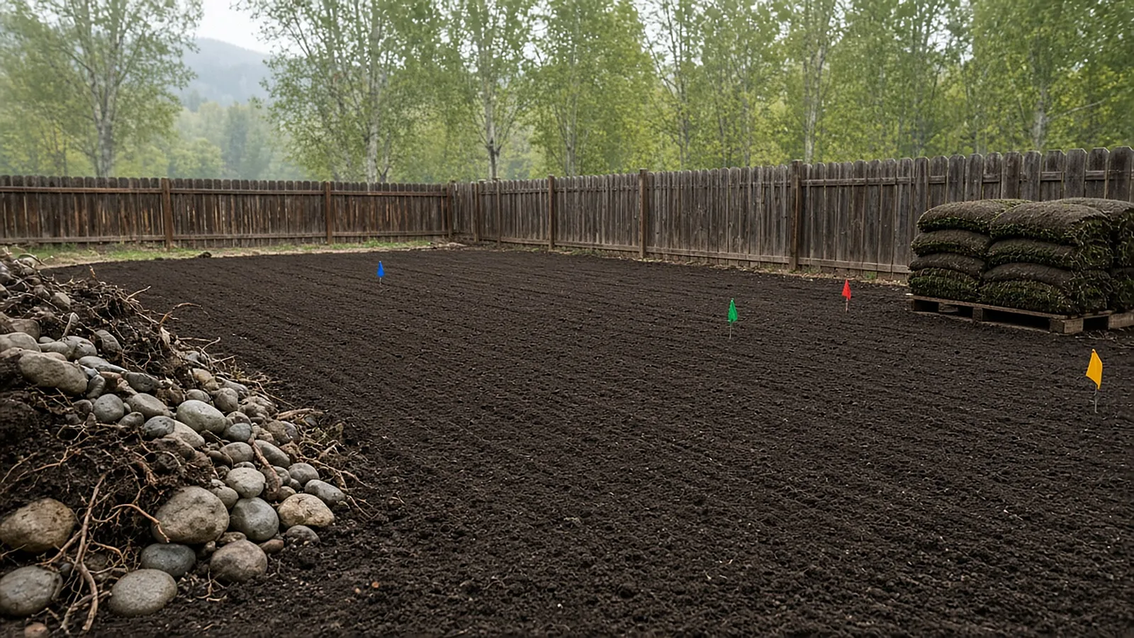 Soil prep and finish grading before sod installation on rocky river-bottom ground in Emmett, Idaho