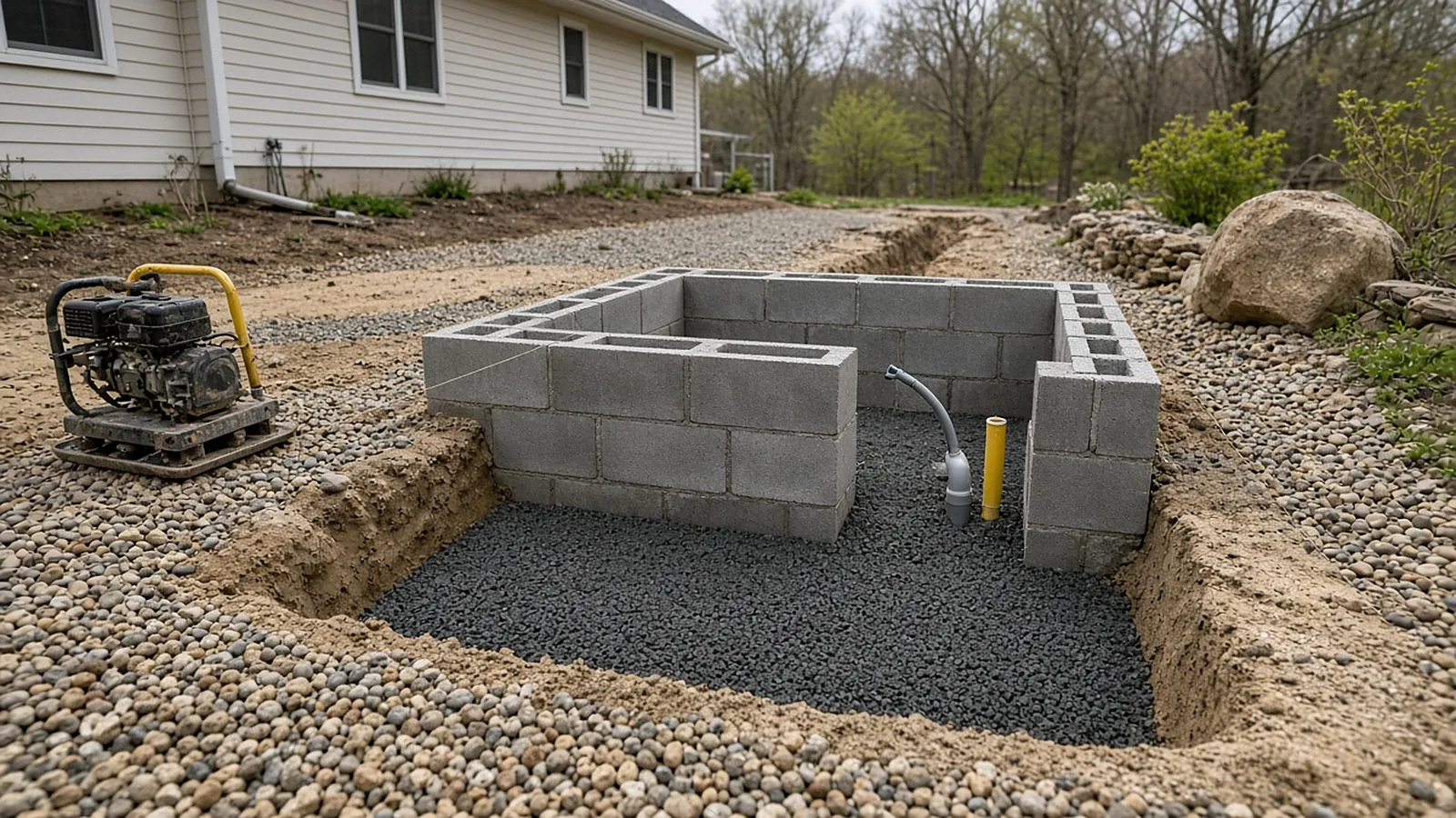 Outdoor kitchen base and utility conduit during construction in Emmett, Idaho, on gravelly valley soil