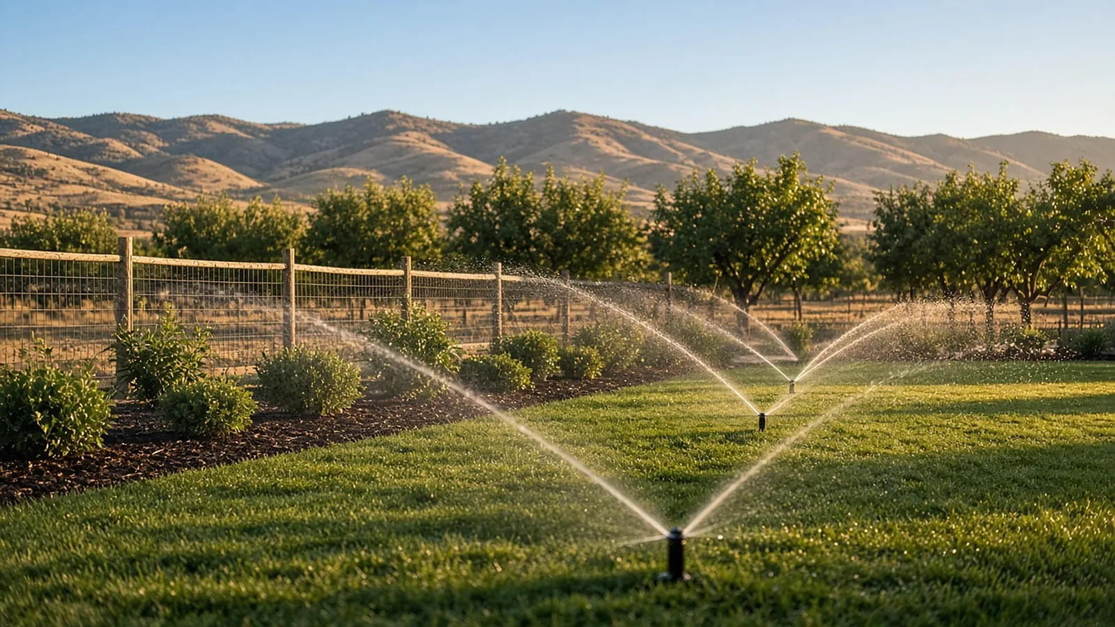 Rotor sprinklers watering a green lawn at golden hour, irrigation and drainage in Emmett, Idaho
