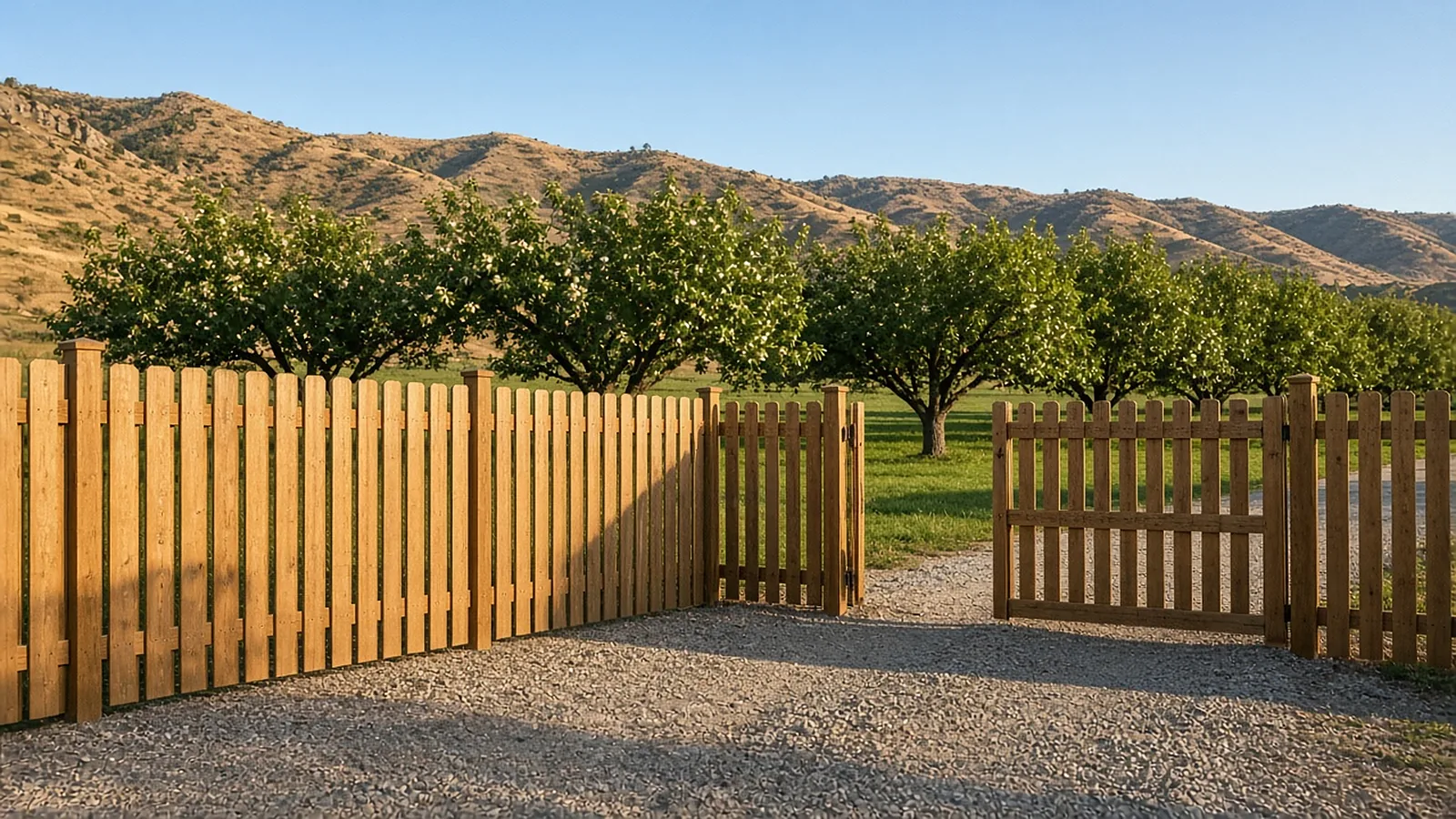 Finished privacy fence and wide RV drive gate on a rural fence installation in Emmett, Idaho with orchards and foothills