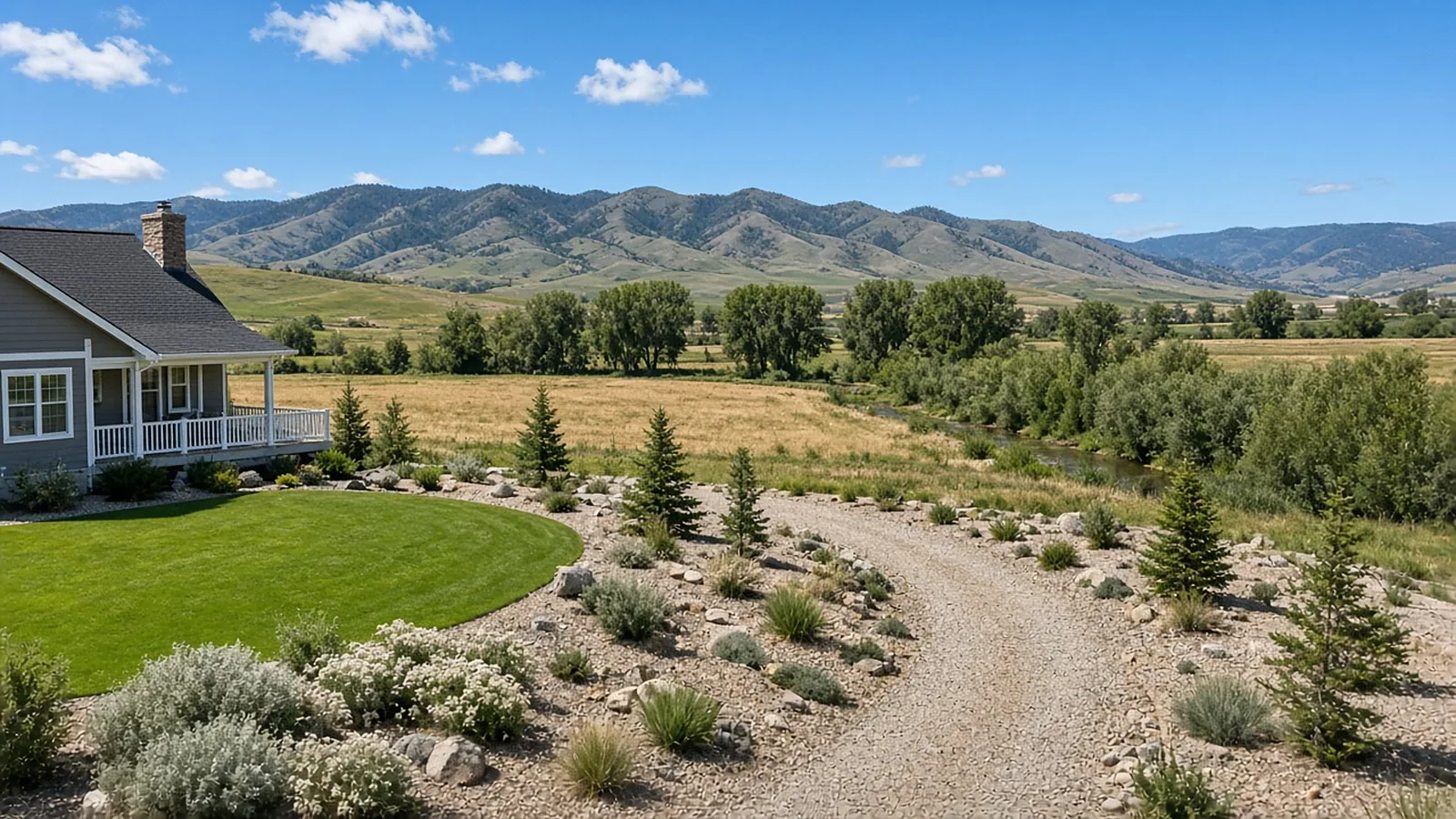 Xeriscape landscape with rock beds, drought-tolerant plants, and a compact sod lawn on acreage in Emmett, Idaho