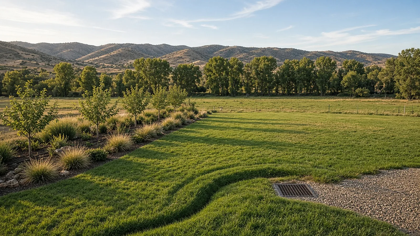 Wide view of an acreage backyard with grassy drainage swale, catch basin, and drip-irrigated beds in Emmett, Idaho
