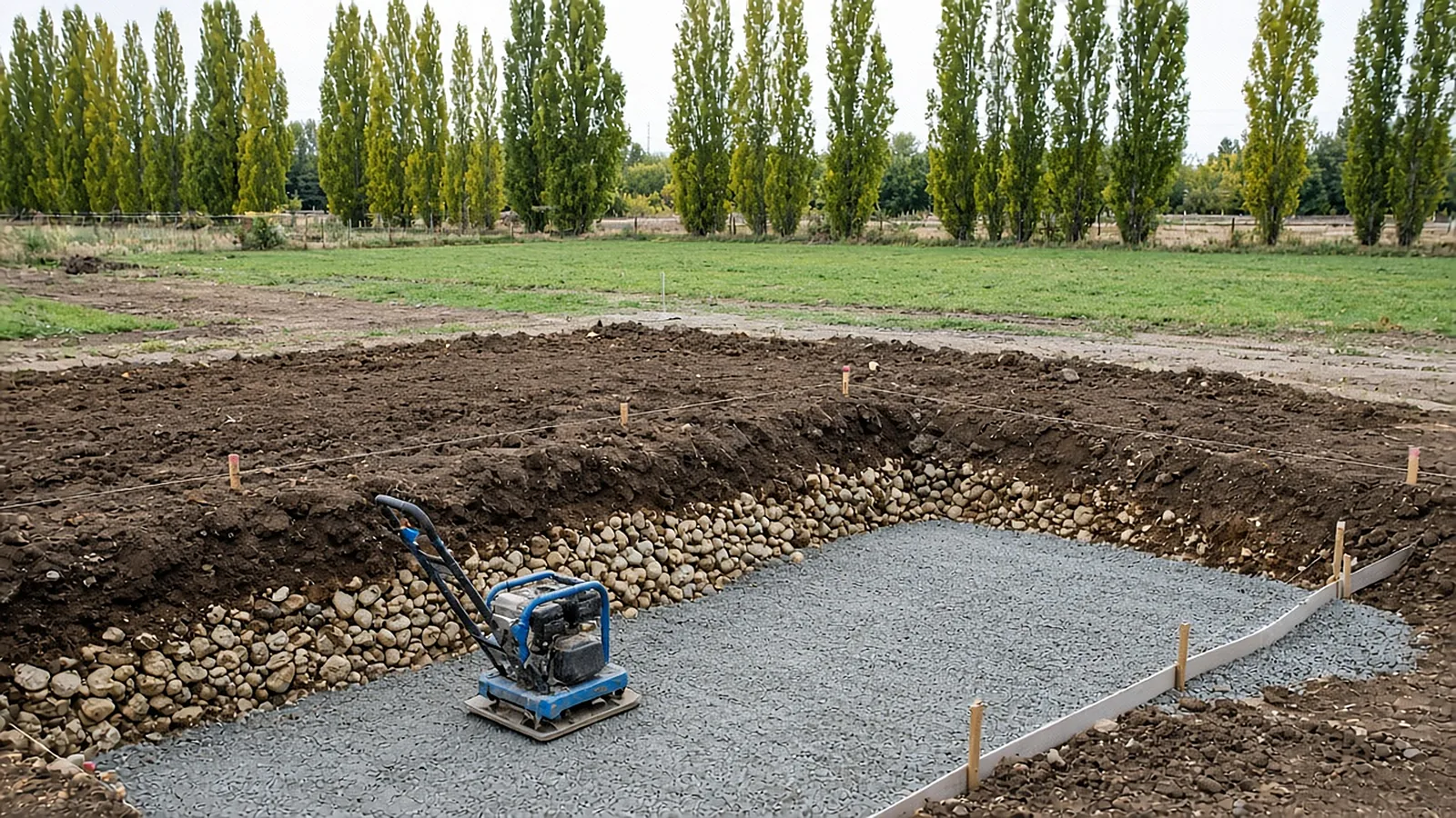 Paver patio base preparation in Emmett, Idaho showing silty soil over river gravel and compacted aggregate