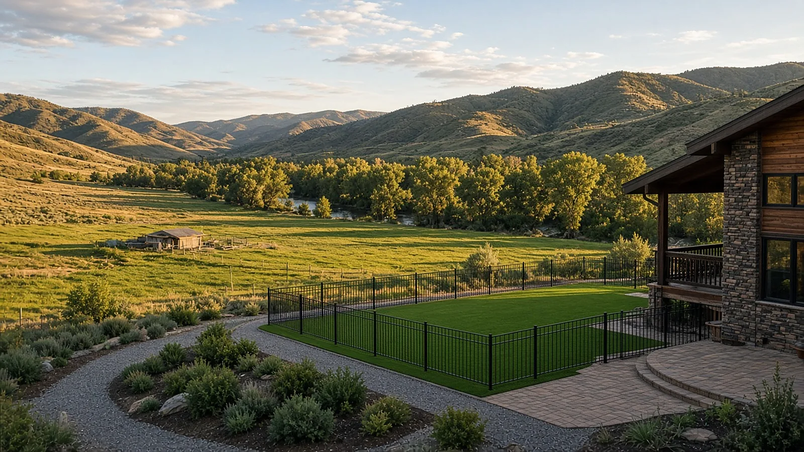 Wide view of fenced pet-friendly artificial turf beside a home on acreage in Emmett, Idaho