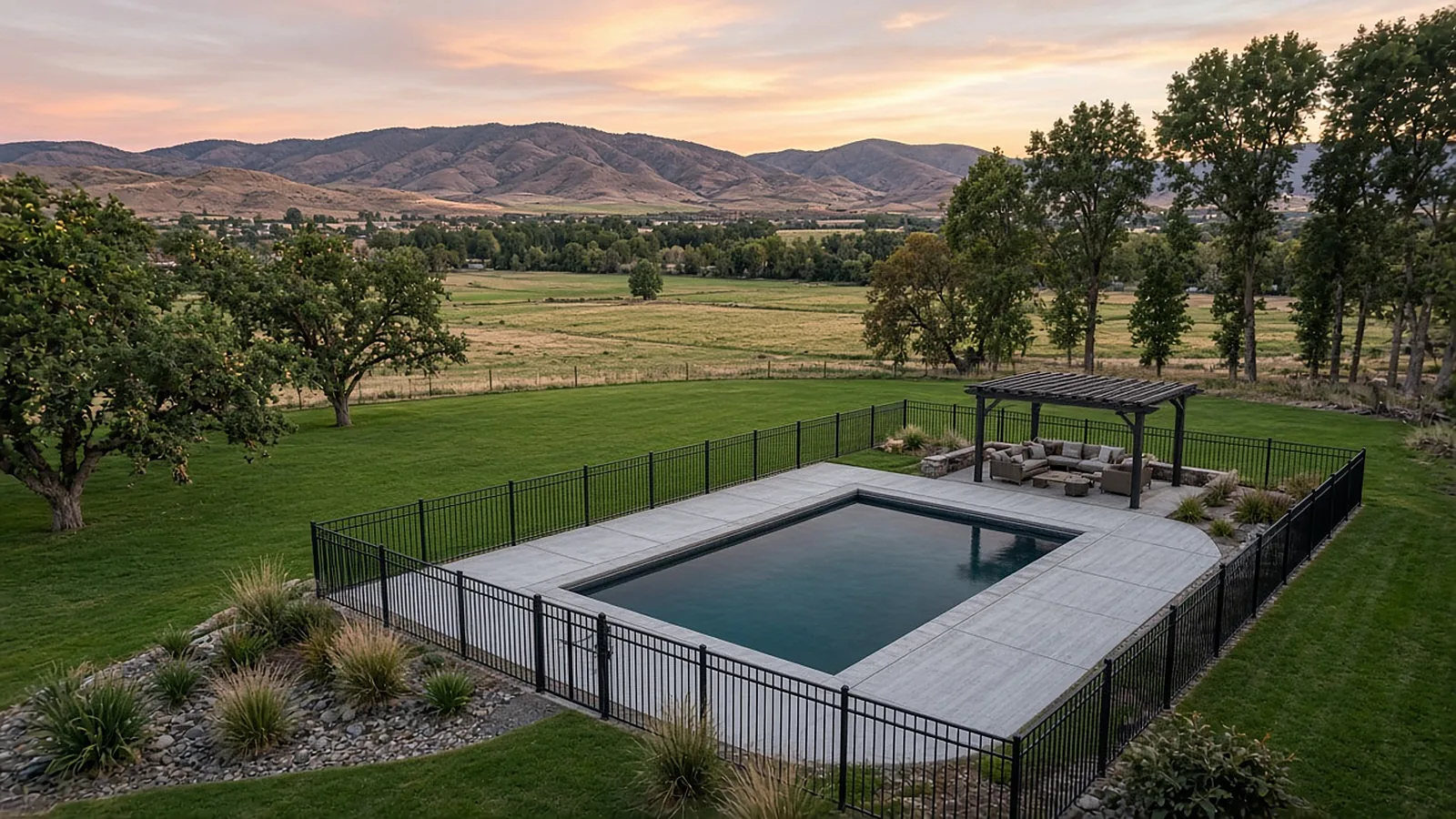 Wide view of a backyard pool area with concrete deck, fence, and lawn on acreage in Emmett, Idaho