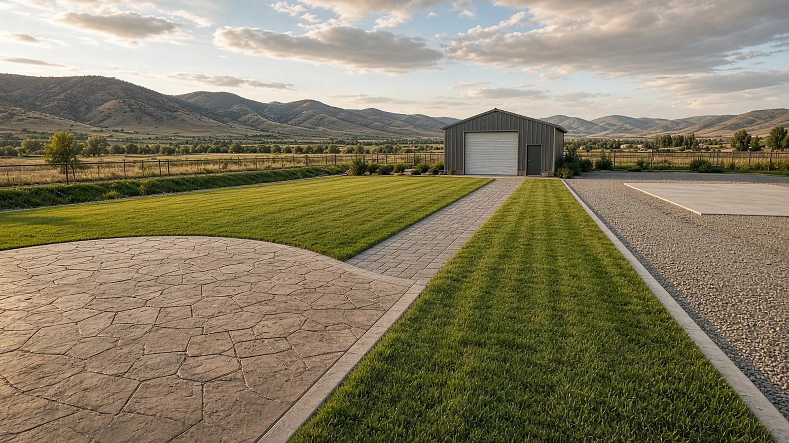 Stamped concrete patio, paver walkway, and RV pad on acreage near Emmett, Idaho with the Payette River valley beyond